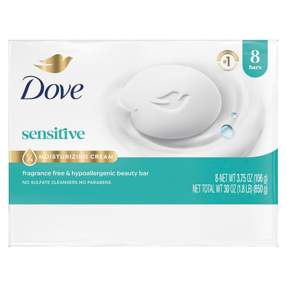 Dove Sensitive Beauty Bar Soap, Fragrance Free, 8 Count, 3.75 oz