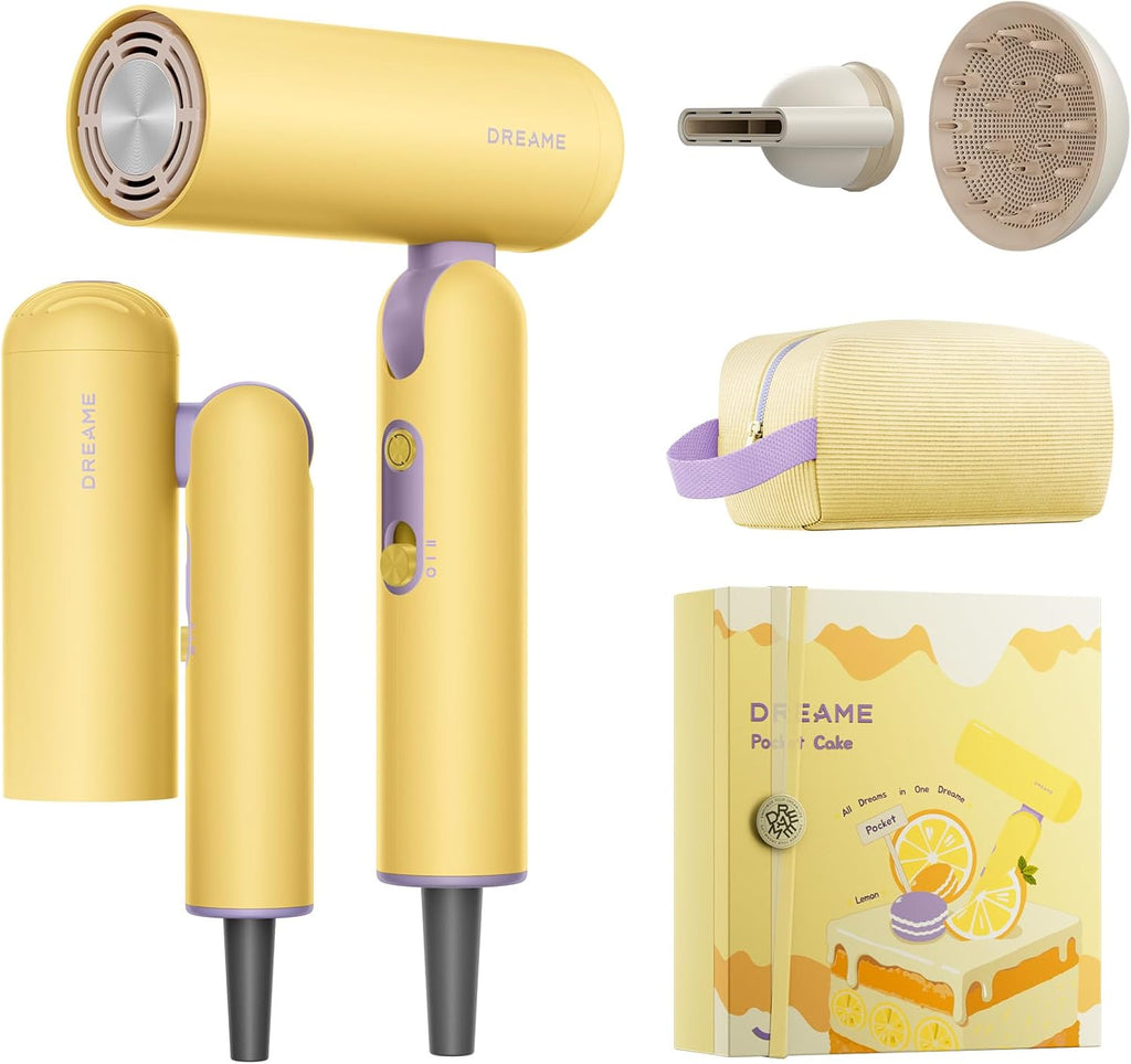 Dreame Pocket Cake Dual Voltage Hair Dryer with Diffuser, Travel Blow Dryer