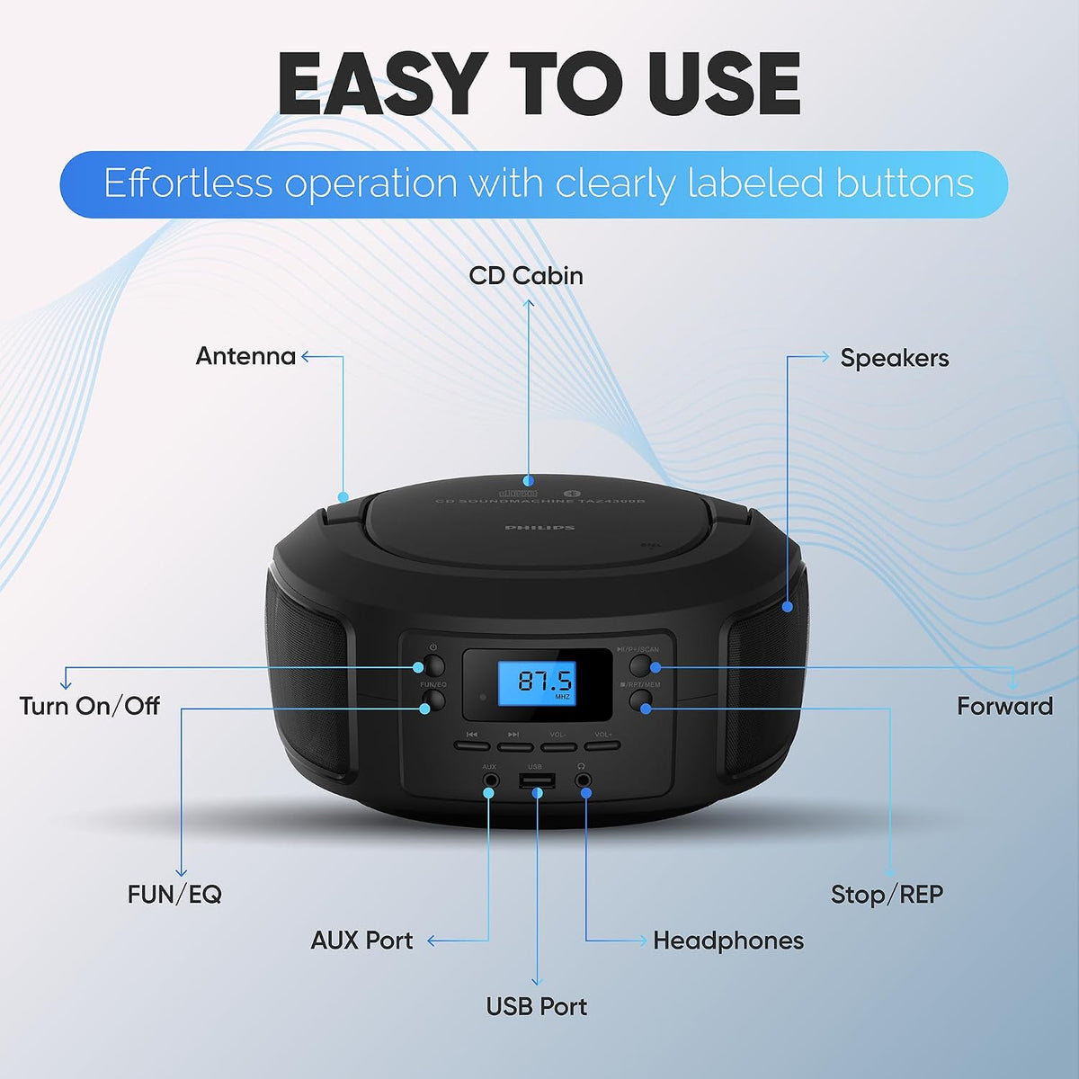 Philips CD Player Portable with Bluetooth, Crystal Clear Sound Top Loading CD Boombox with FM Radio, USB Port & Aux Input, Compact & Lightweight Design,R/CD-RW/MP3 Compatible (Black)