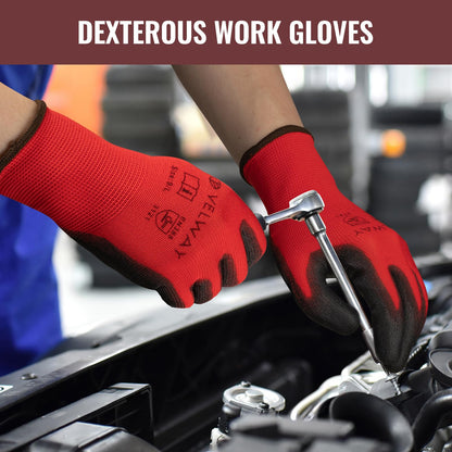 Velway 12 Pairs Work Gloves PU Coated for Men Women, Red, Size 9/L