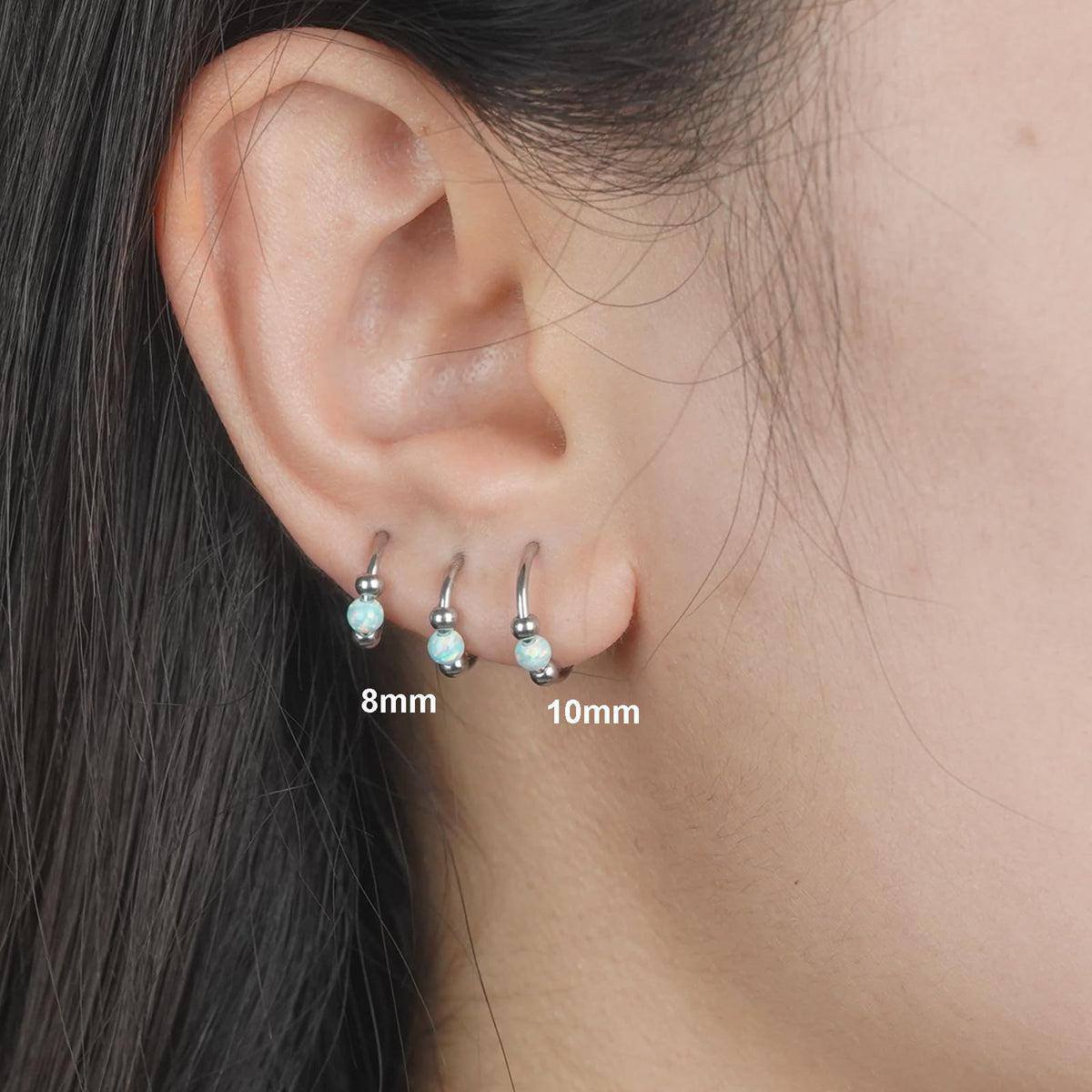 2PCS 18G Opal Cartilage Hoop Earrings, Hypoallergenic Silver Huggie Hoops