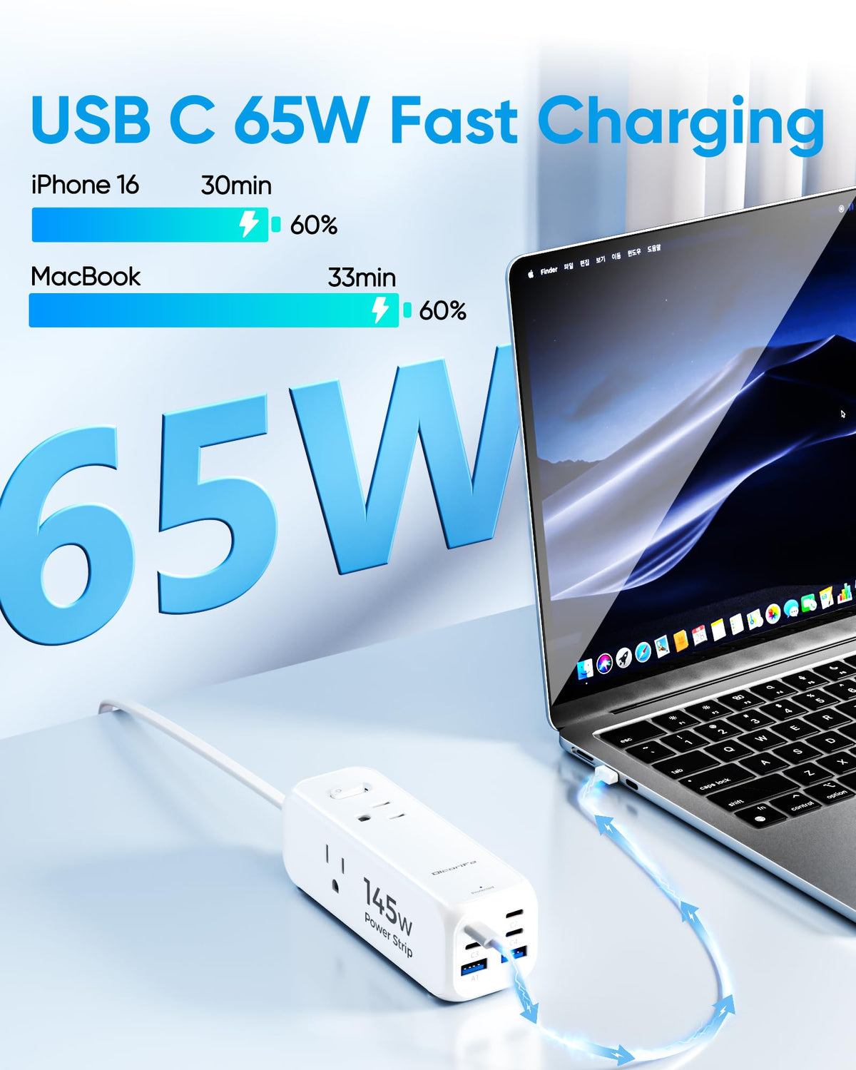 Flat Plug Power Strip with 10 FT Extension Cord, 6 Outlets 3 USB Ports(1 USB C), 3 Sided Outlet Extender for Home Office Travel Dorm Room Essentials, White