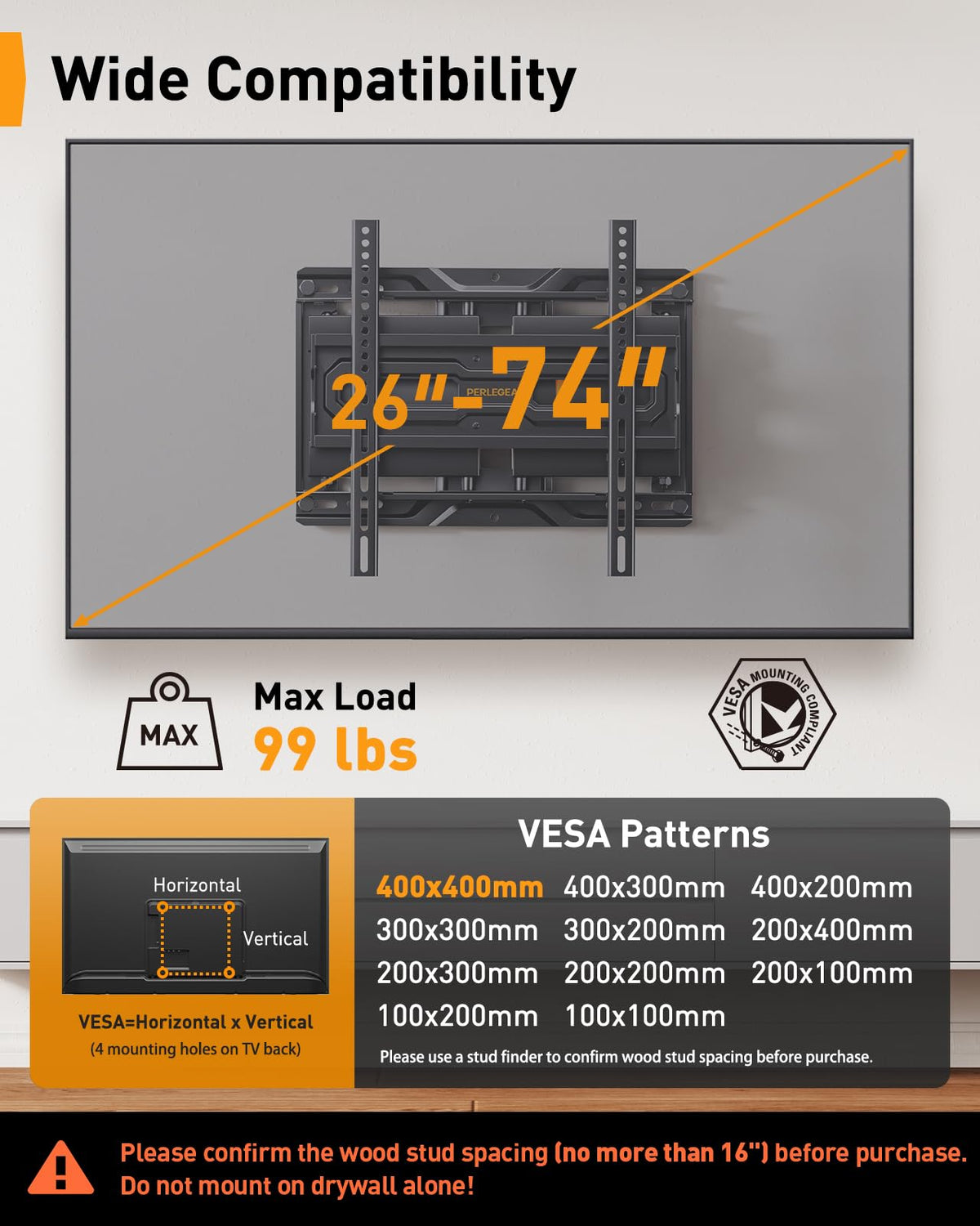 Perlegear Full Motion TV Wall Mount with Power Strip for 60–120 Inch TVs