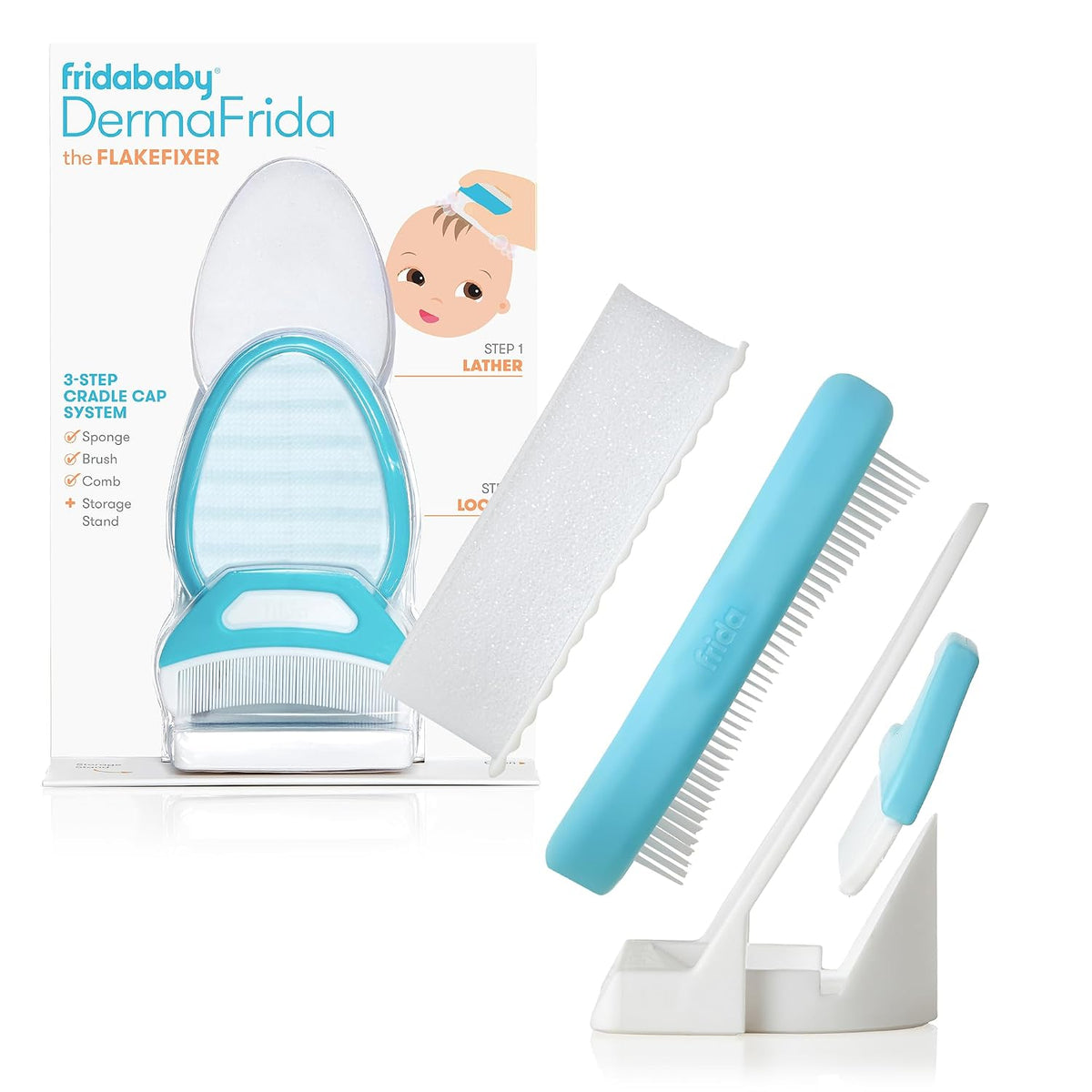 Frida The 3-Step Cradle Cap System, DermaFrida FlakeFixer, White-Blue