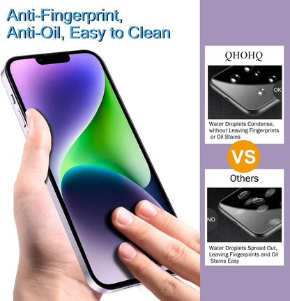 QHOHQ 3 Pack Screen Protector for iPhone 14 Plus 6.7 Inch with 3 Pack Tempered Glass Camera Lens Protector, Ultra HD, 9H Hardness, Case Friendly [Easy to Install Frame]