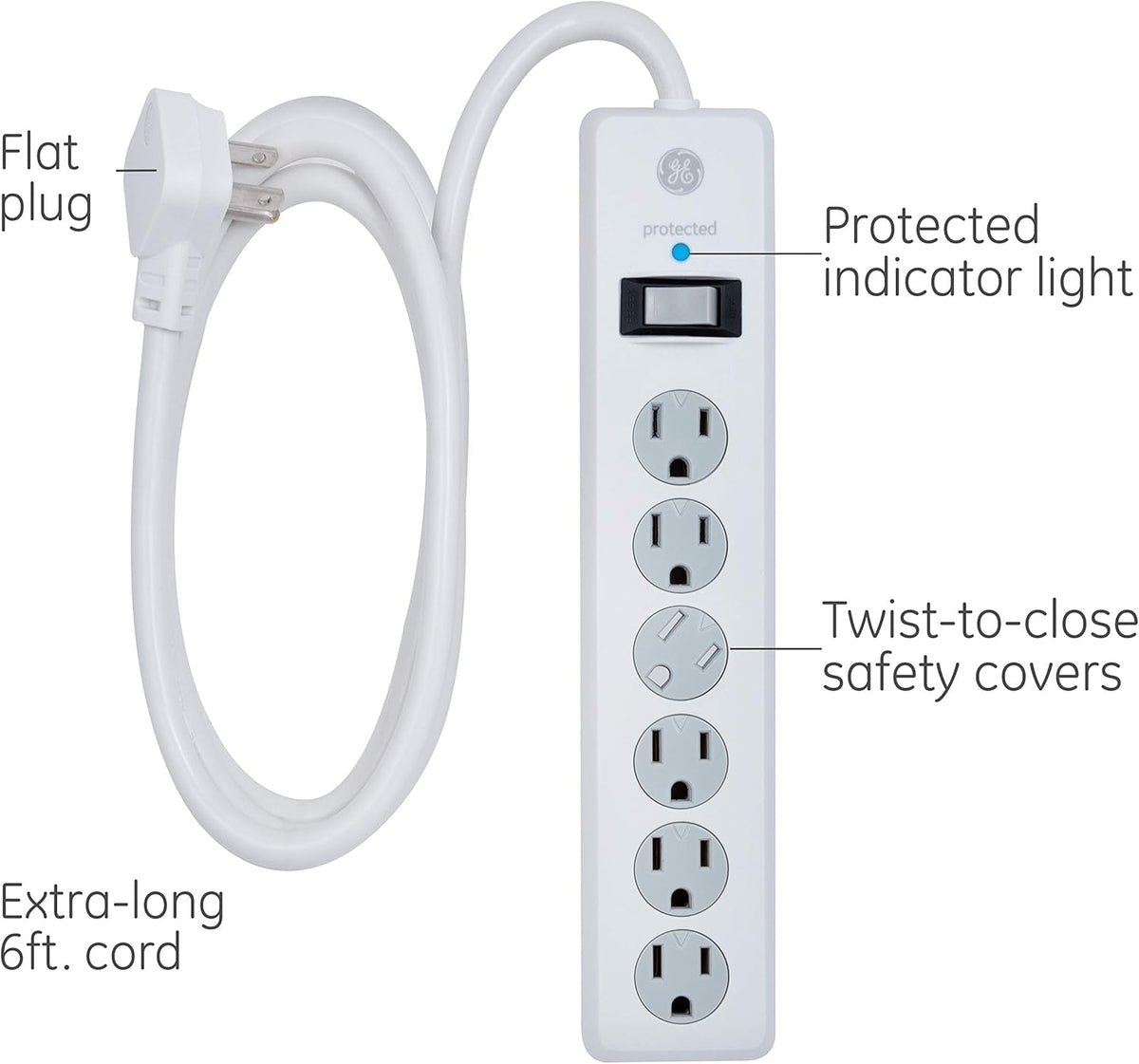 GE Surge Protector Power Strip, 2 Pack, 6 Ft Extension Cord