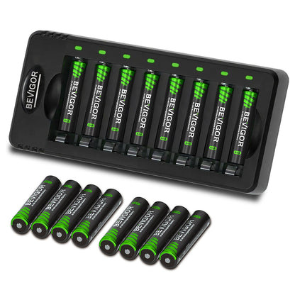 BEVIGOR 8 Pcs 2800mAh AA Rechargeable Batteries with 8 Slot LED Smart Battery Charger Set, Type C Fast Charging for Ni-MH/Ni-CD Rechargeable Batteries