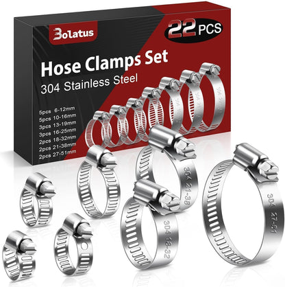 Bolatus Hose Clips 6-51 mm, 22 Pcs Hose Clamp Stainless Steel 304