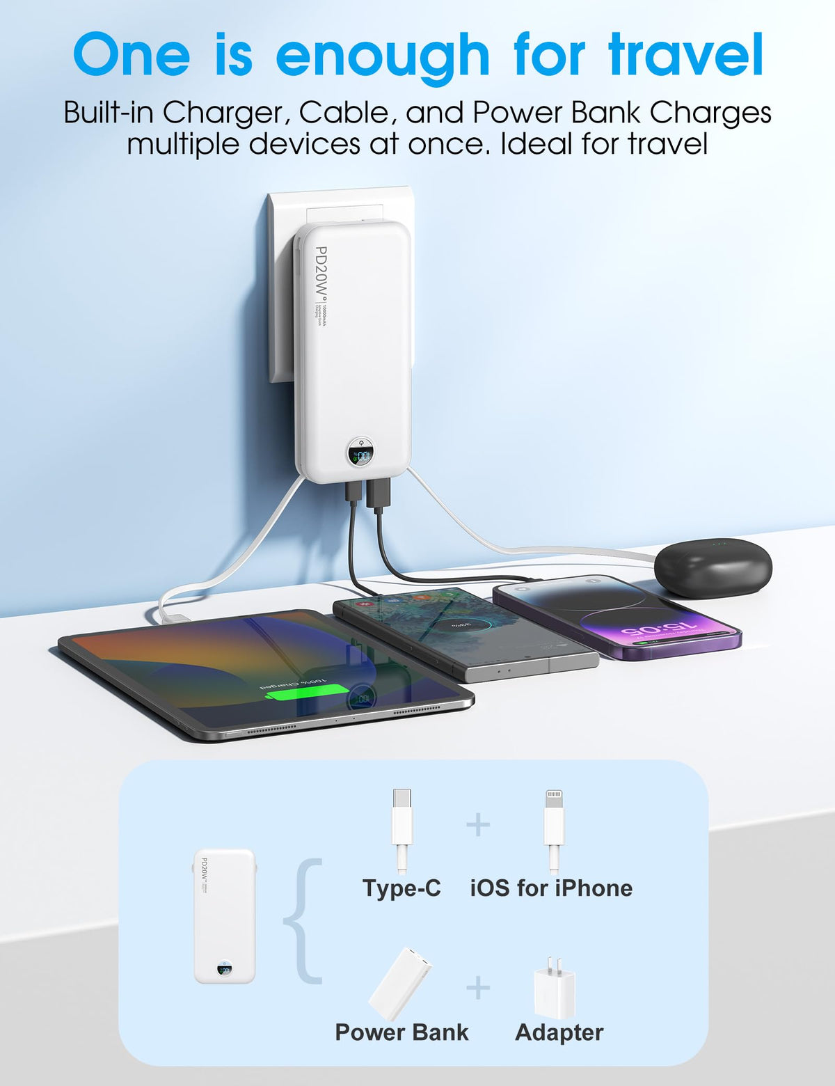citicr Portable Charger 10000mAh PD20W w/Built-in Cables & Wall Plug Purple