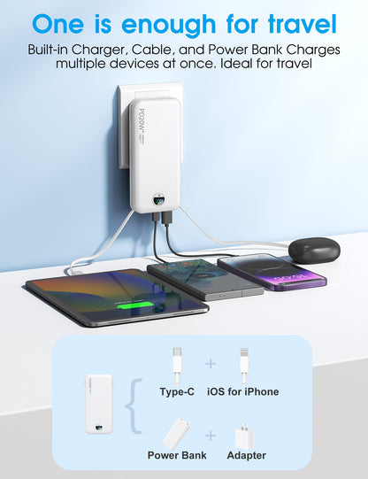 citicr Portable Charger 10000mAh PD20W w/Built-in Cables & Wall Plug Purple