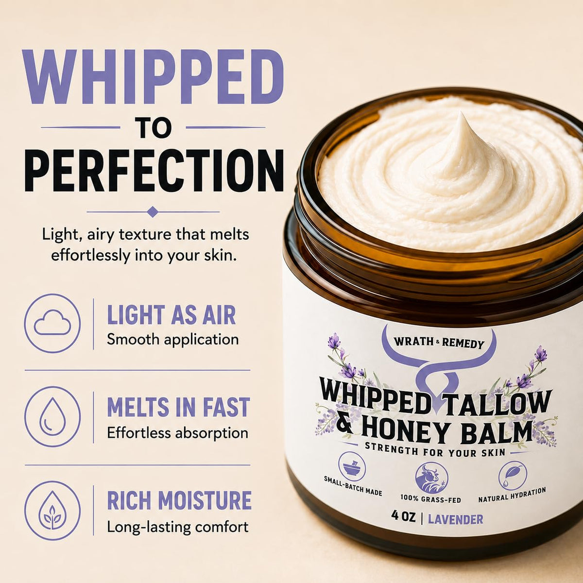 Wrath & Remedy Beef Tallow and Honey Balm, Handcrafted, Unscented, 4 oz