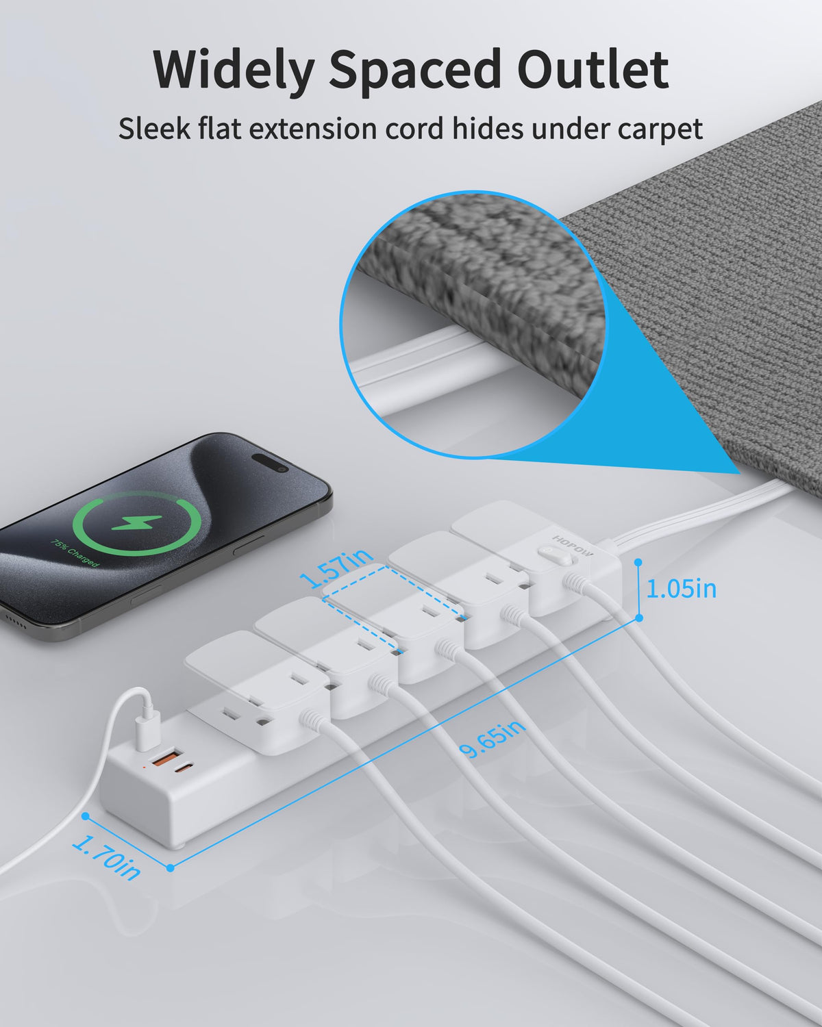 5 Outlets 2 Prong Power Strip with 3USB, 6FT Extension Cord for Old House