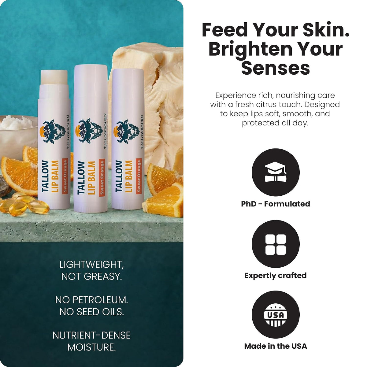 Moisturizing Grass-Fed Beef Tallow Lip Balm 3pk – Sweet Orange