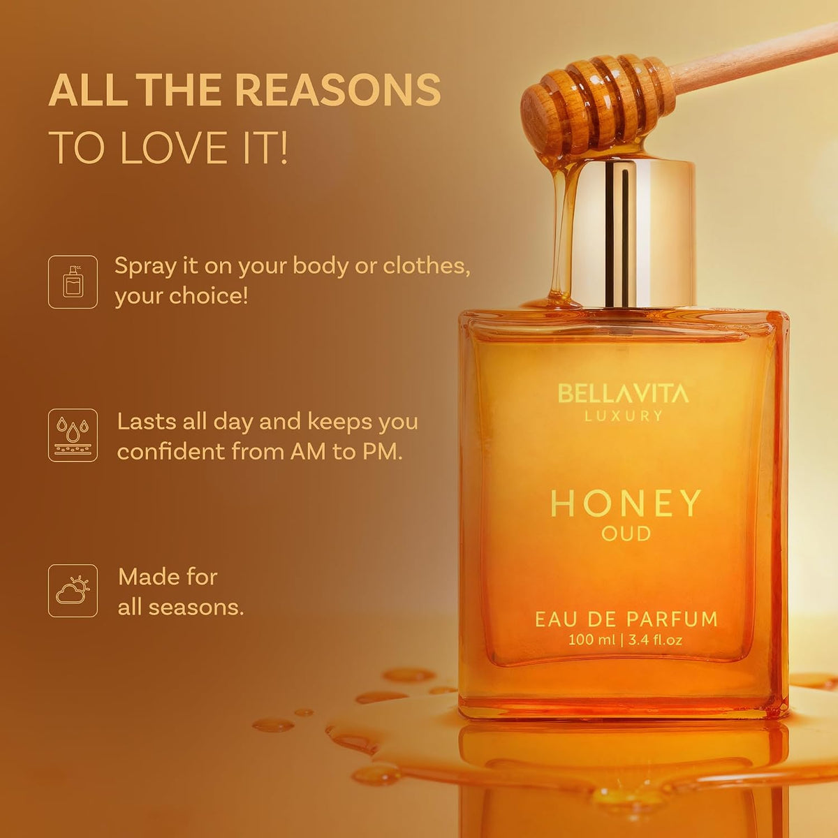 Bellavita Luxury Honey Oud Eau de Parfum Unisex, 3.4 fl oz (100 ml)
