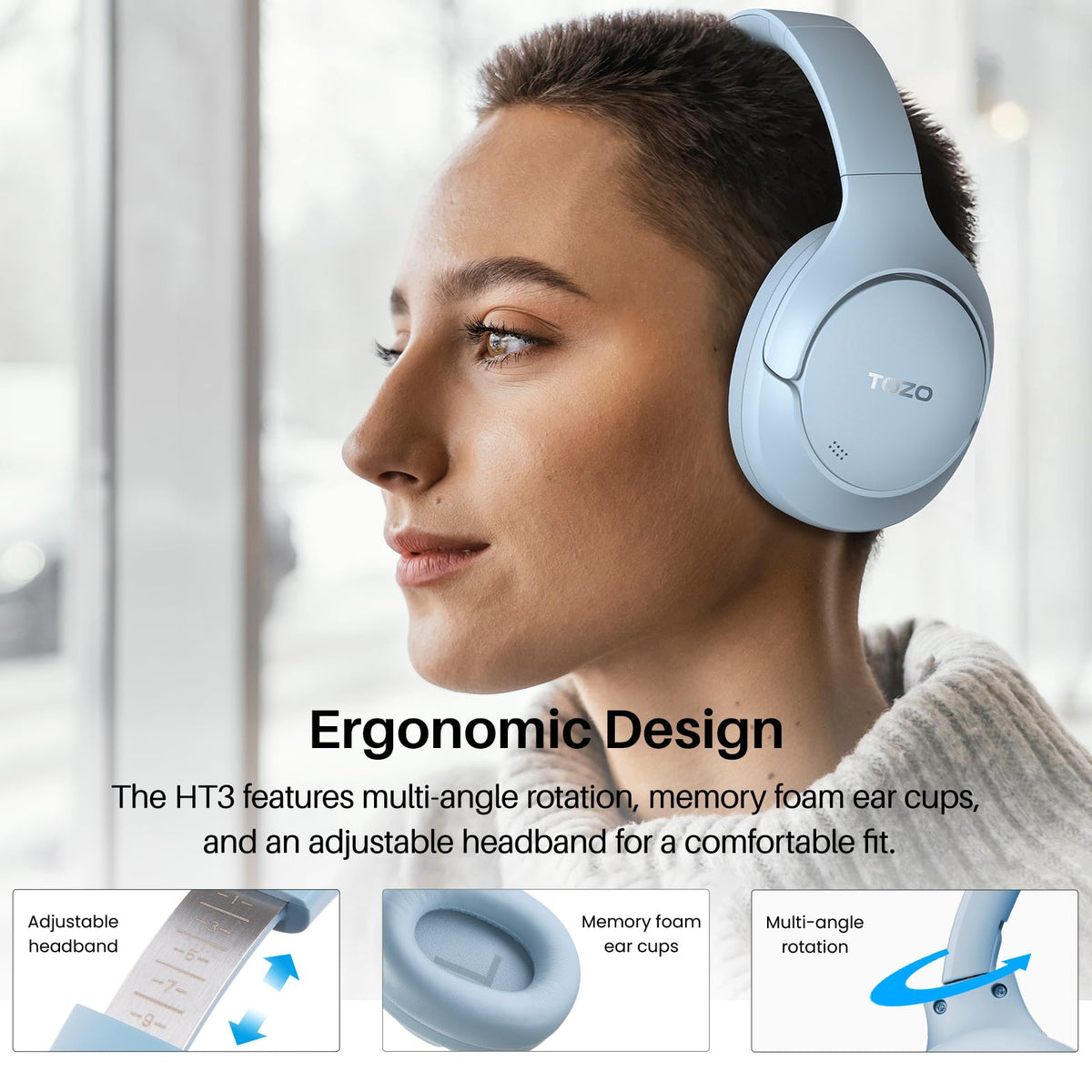 TOZO HT3 Hybrid Noise Cancelling Wireless Headphones, 90H Over Ear Headset