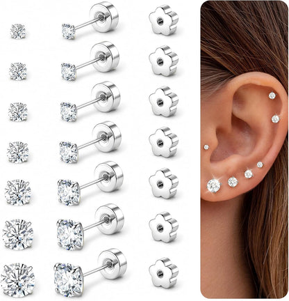 Flat Back Stud Earrings for Women Men 20G Hypoallergenic Surgical Steel Set