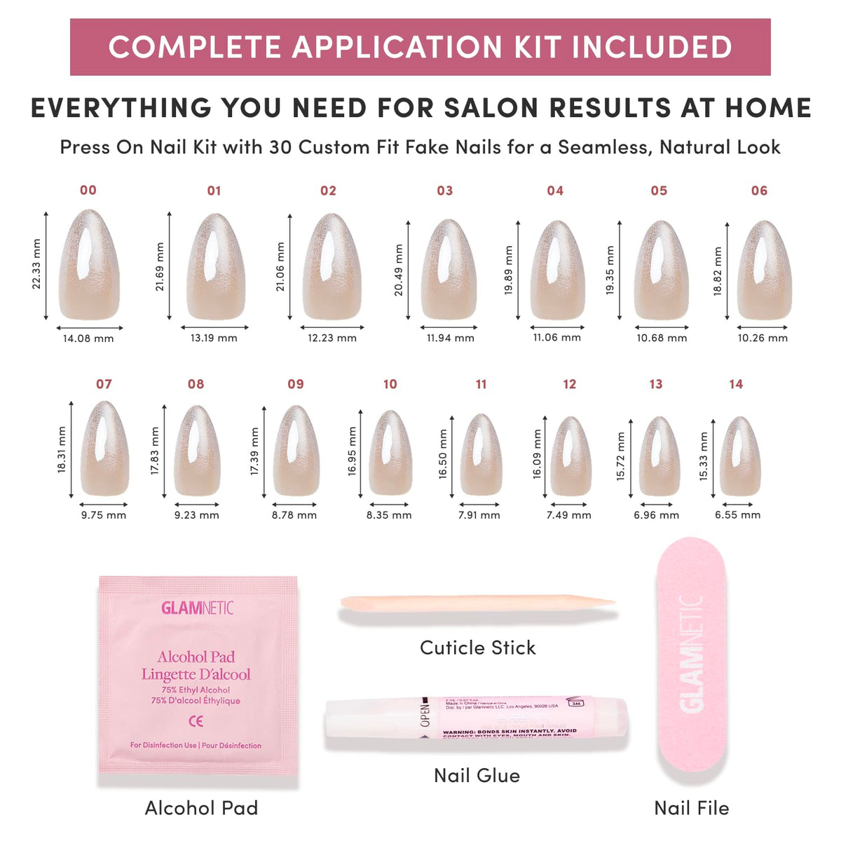 Glamnetic Press On Nails, Short Almond Glossy, Fake Nails 24pc Nail Kit