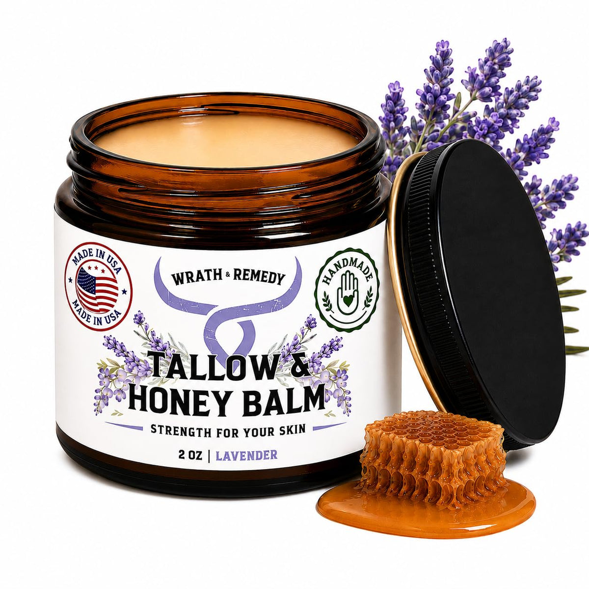 Wrath & Remedy Beef Tallow and Honey Balm, Handcrafted, Unscented, 4 oz