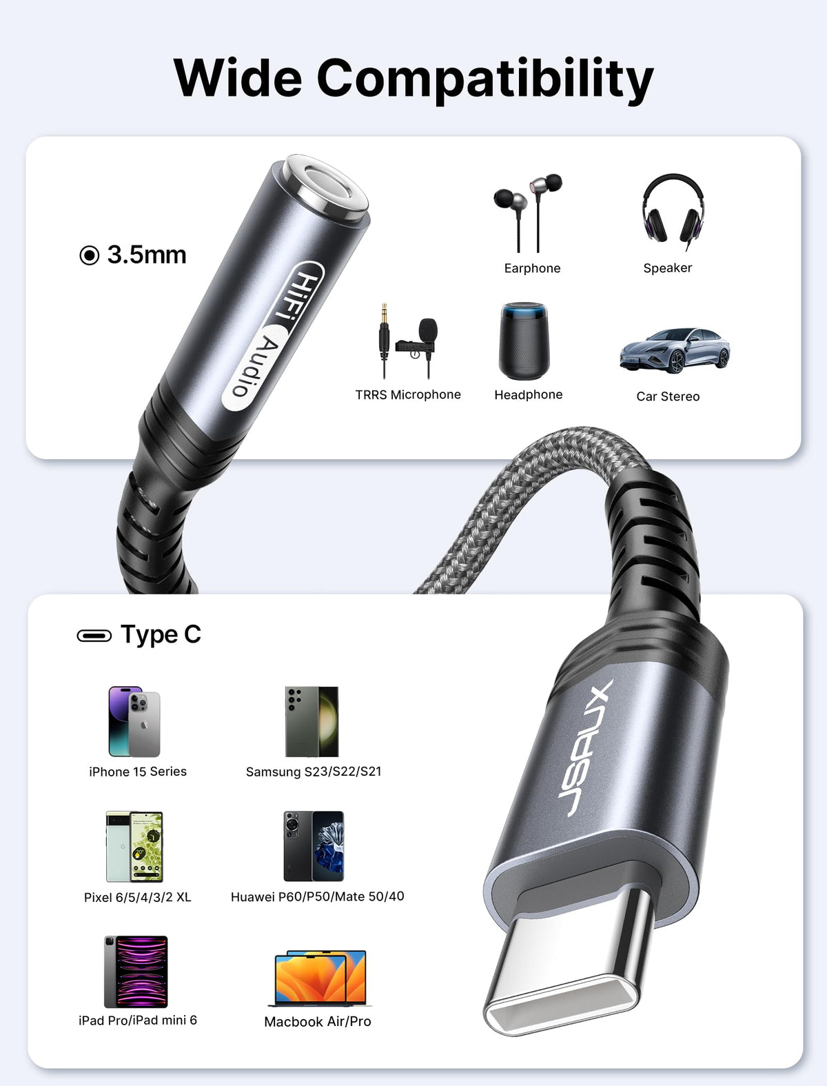 JSAUX 2 Pack USB C to 3.5mm Audio Adapter, Smart DAC Headset Dongle, Black