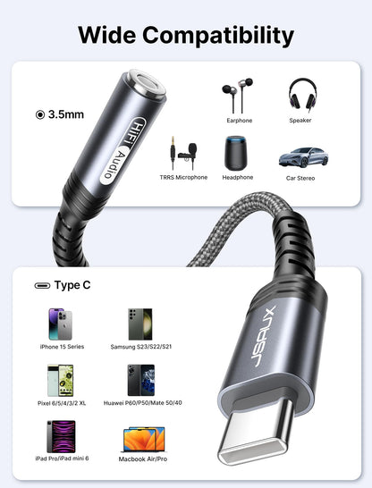 JSAUX 2 Pack USB C to 3.5mm Audio Adapter, Smart DAC Headset Dongle, Black
