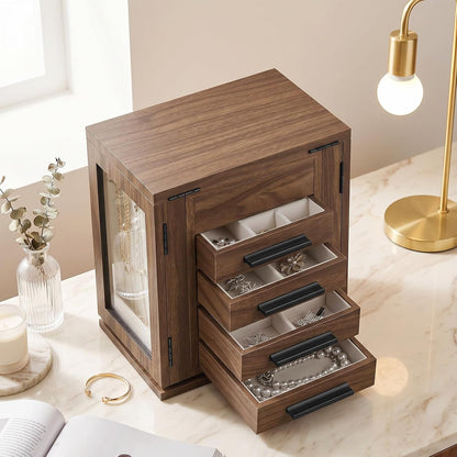 HOOBRO 360° Rotating Jewelry Box with Mirror, Wooden Jewelry Organizer Box