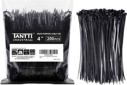 Zip Ties 4 inch (200 Pack), Small Zip Ties with 18 lb Tensile Strength, Black, by Tantti Supply