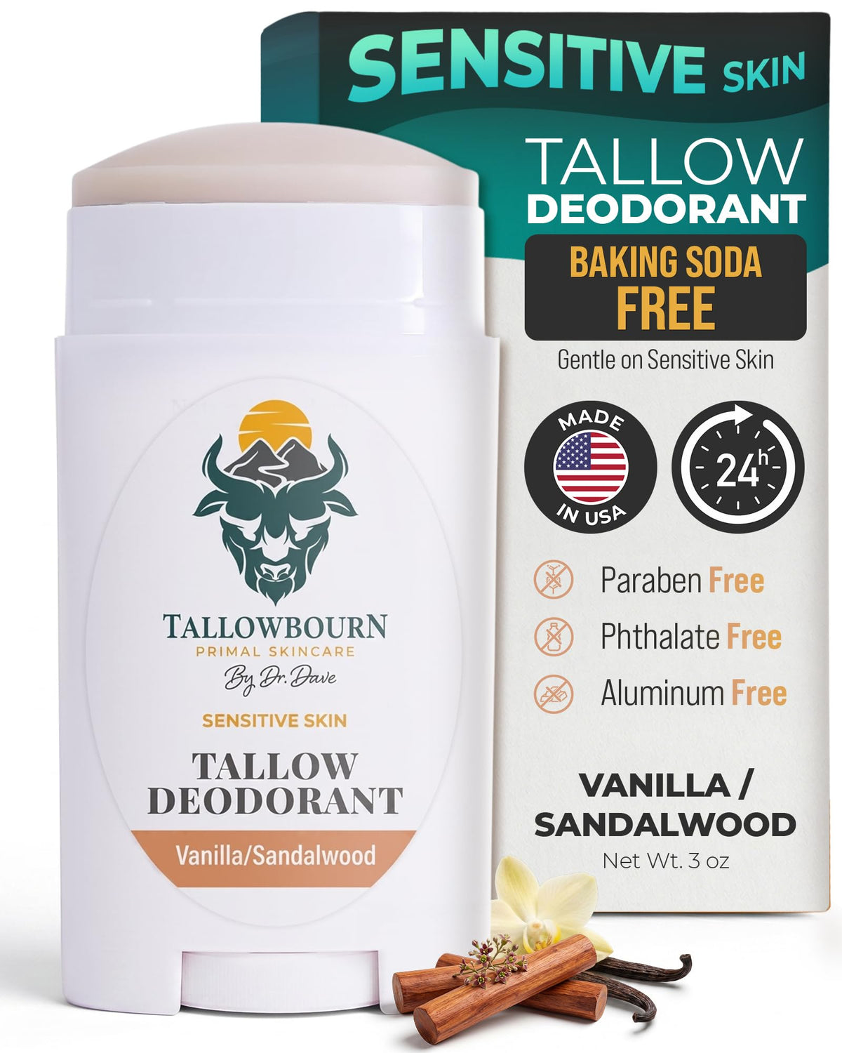 Extra Strength Tallow Deodorant - Vanilla & Sandalwood 3oz