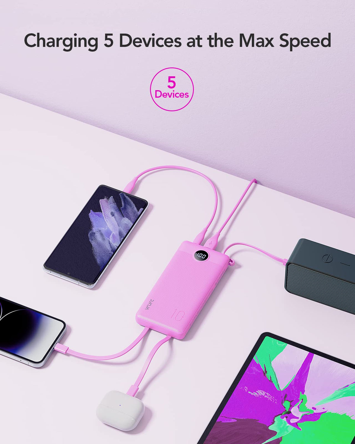 VRURC Portable Charger, Built in 4 Cables & Lanyard Power Bank 10000mAh
