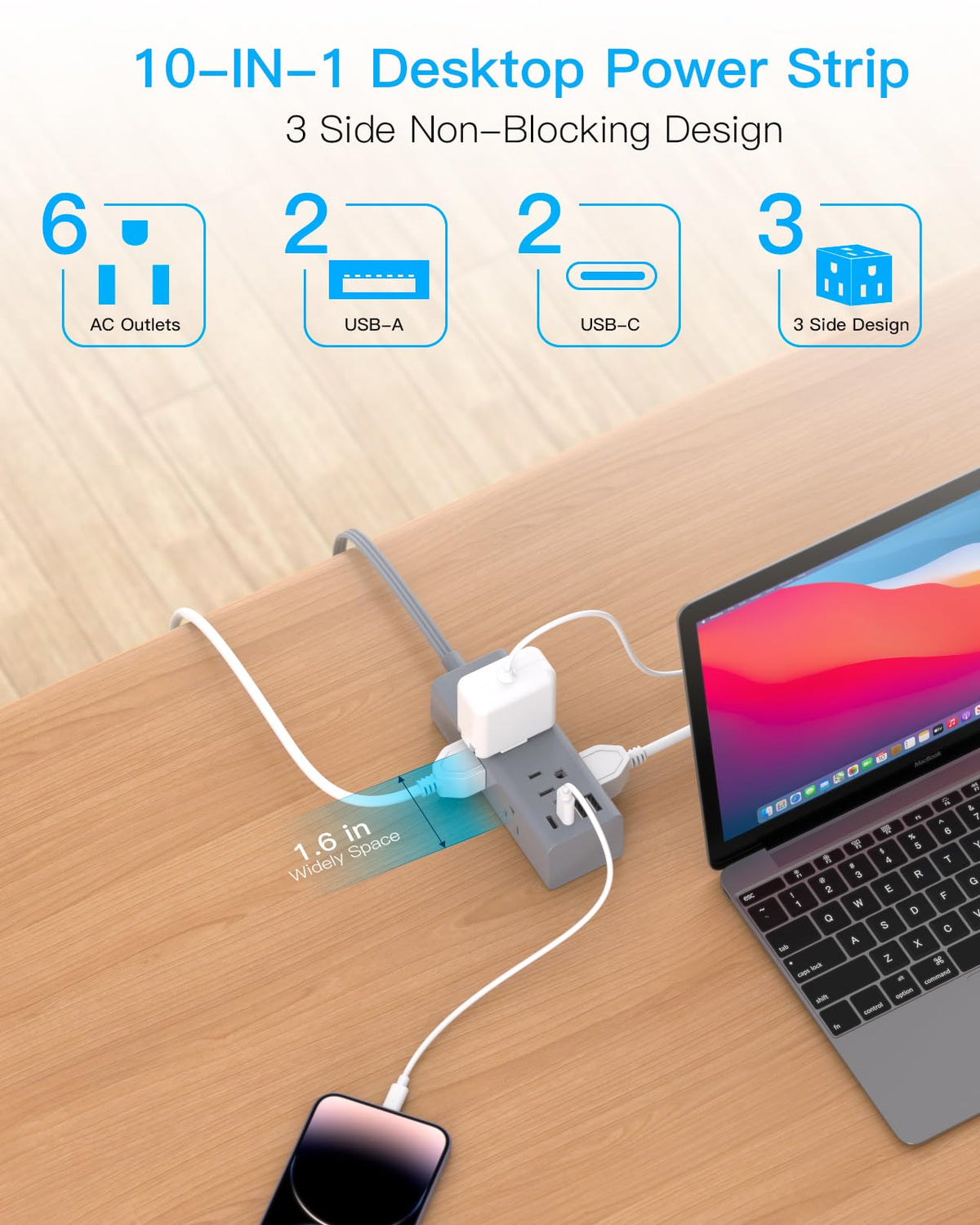 One Beat 5Ft Extension Cord with Multiple Outlets,Flat Plug Power Strip