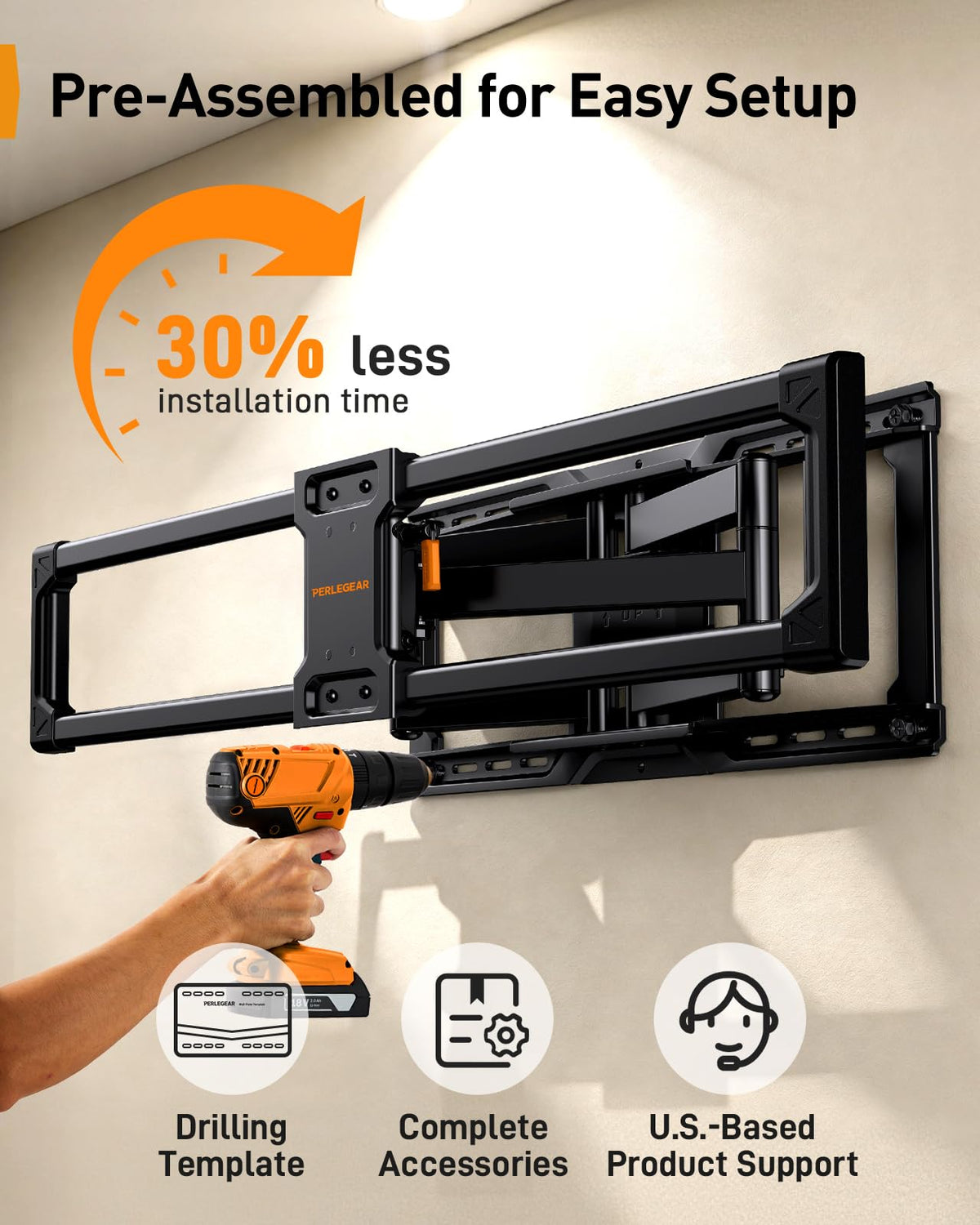 Perlegear Full Motion TV Wall Mount with Power Strip for 60–120 Inch TVs