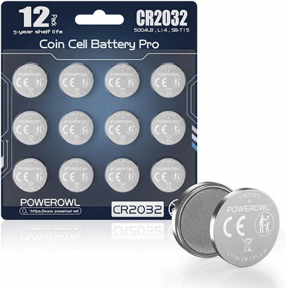 POWEROWL 12 PCS CR2032 DL2032 E-CR2032 Batteries, Child safety packaging