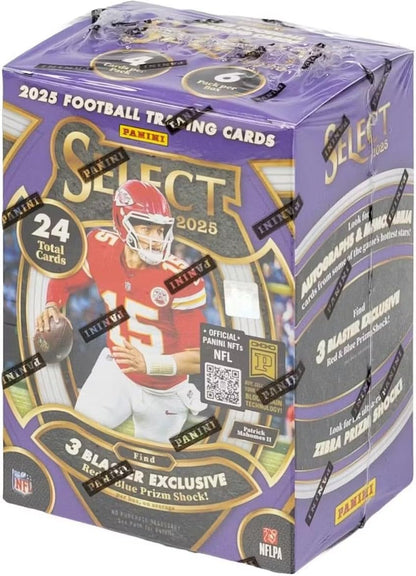 2025 Panini SELECT Football Series Sealed 24 Card Blaster Box Featuring 3 BLASTER EXCLUSIVE Red and Blue Shock Parallel Cards PLUS