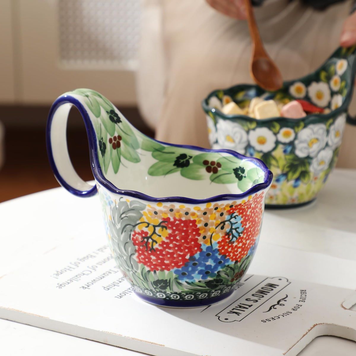 ALMA Handpainted Soup Bowl with Large Loop Handle,Easier Secure Grip