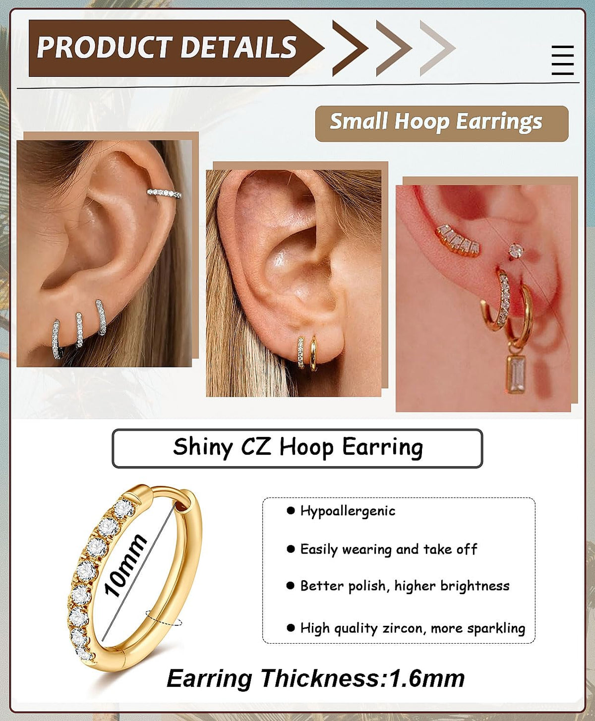 CZ Huggie Hoop Earrings, Stainless Steel Small Hoop Earrings