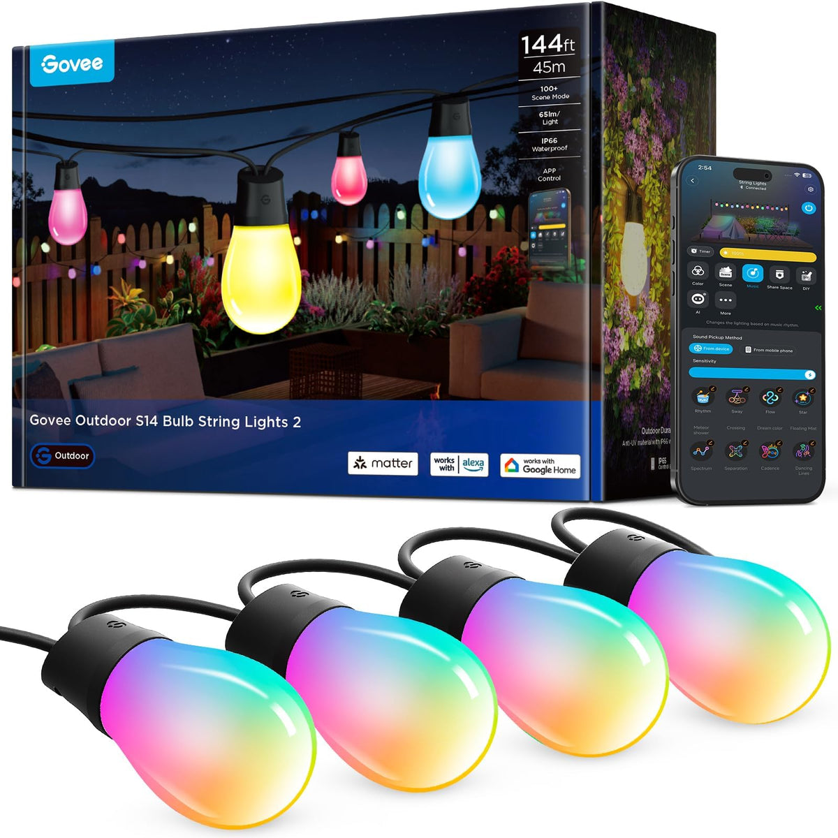 Govee S14 Bulb Outdoor String Lights 2, 96ft RGBICWW, 30 LED Bulbs, IP66