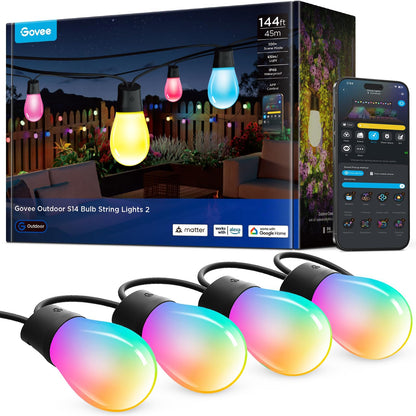 Govee S14 Bulb Outdoor String Lights 2, 96ft RGBICWW, 30 LED Bulbs, IP66