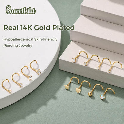 12 Pcs 20G Silver Nose Rings Studs Corkscrew Piercing Jewelry for Women Men