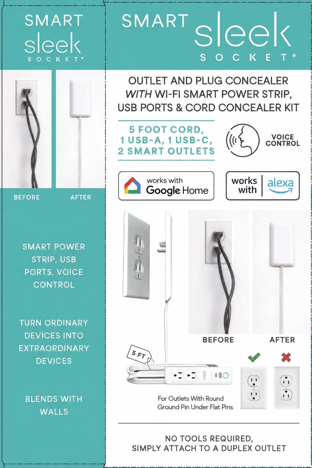 Sleek Socket Original & Patented Ultra-Thin Outlet Concealer with Cord Concealer Kit, Flat Extension Cord with Multi Outlets Power Strip, Ideal for Home Improvement, Hide Bulky and Messy Cords