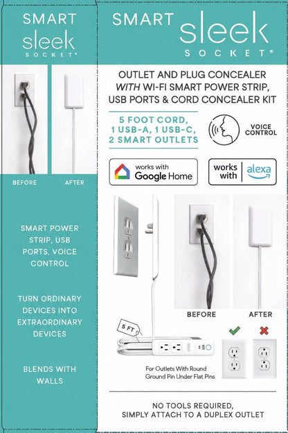 Sleek Socket Original & Patented Ultra-Thin Outlet Concealer with Cord Concealer Kit, Flat Extension Cord with Multi Outlets Power Strip, Ideal for Home Improvement, Hide Bulky and Messy Cords
