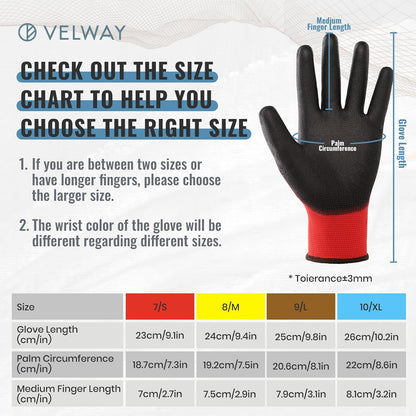 Velway 12 Pairs Work Gloves PU Coated for Men Women, Red, Size 9/L