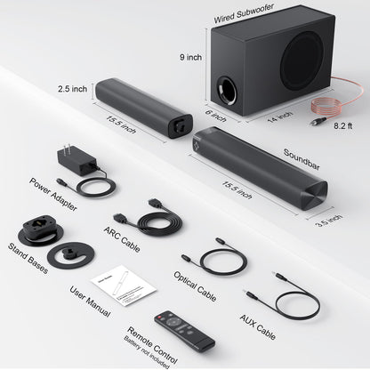 Sound Bar for Smart TV, Soundbar with Bluetooth/ARC/Opt/AUX Connect, Auto Volume Boost, 3 Equalizer Modes, 2 in 1 Detachable Soundbar for TV/PC/Gaming/Projectors