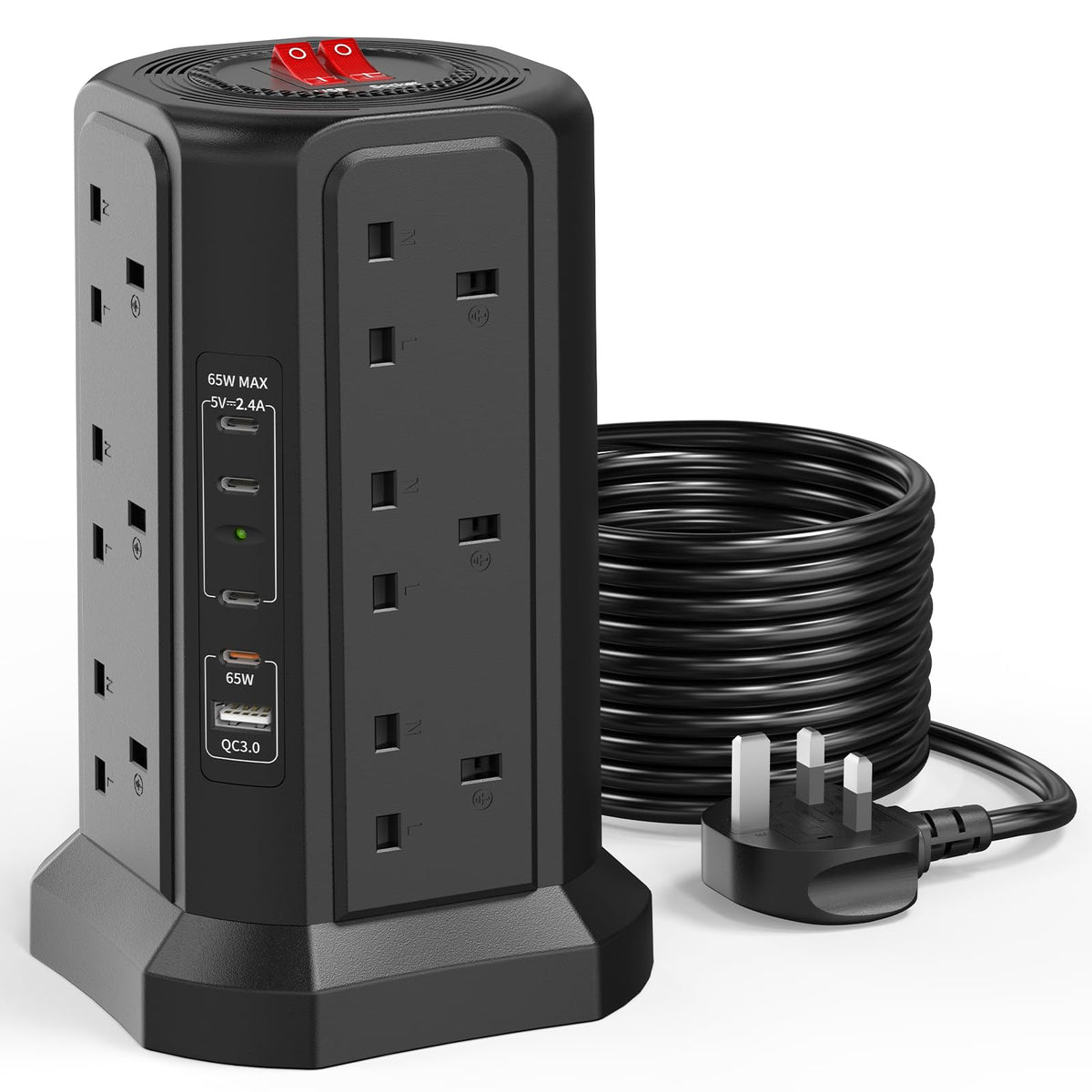 HAFINO Tower Extension Lead with USB Slots, PD18W USB C Fast Charger, 1.8M