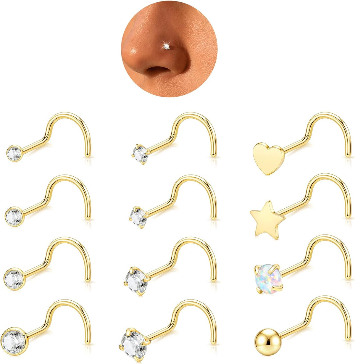 12 Pcs 20G Silver Nose Rings Studs Corkscrew Piercing Jewelry for Women Men