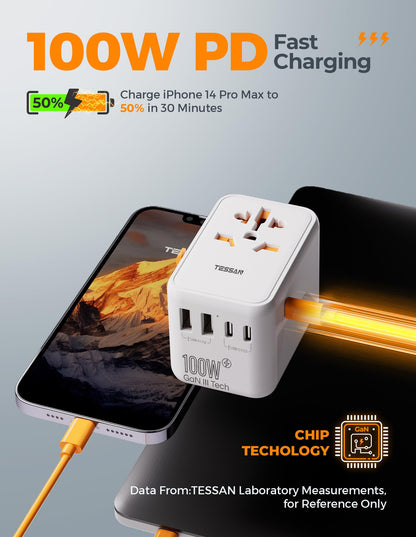 TESSAN Universal Travel Adapter, 28W Worldwide Plug with 2 USBA and 3 USBC