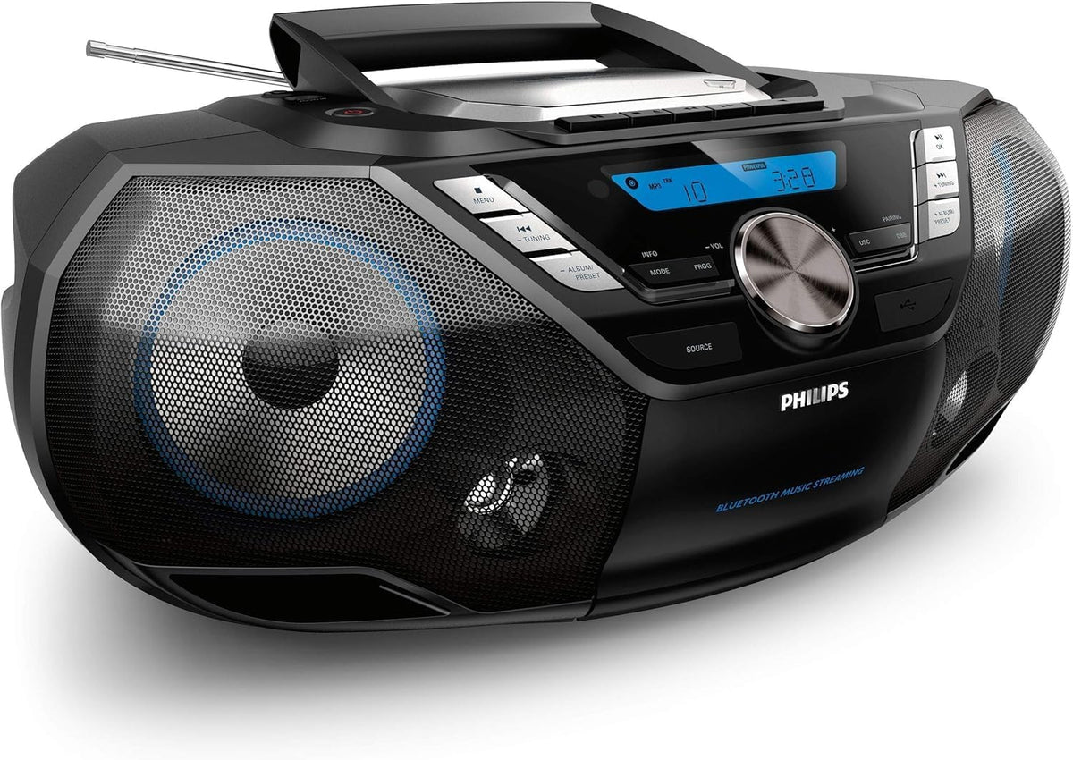 Philips CD Player Portable with Bluetooth, Crystal Clear Sound Top Loading CD Boombox with FM Radio, USB Port & Aux Input, Compact & Lightweight Design,R/CD-RW/MP3 Compatible (Black)