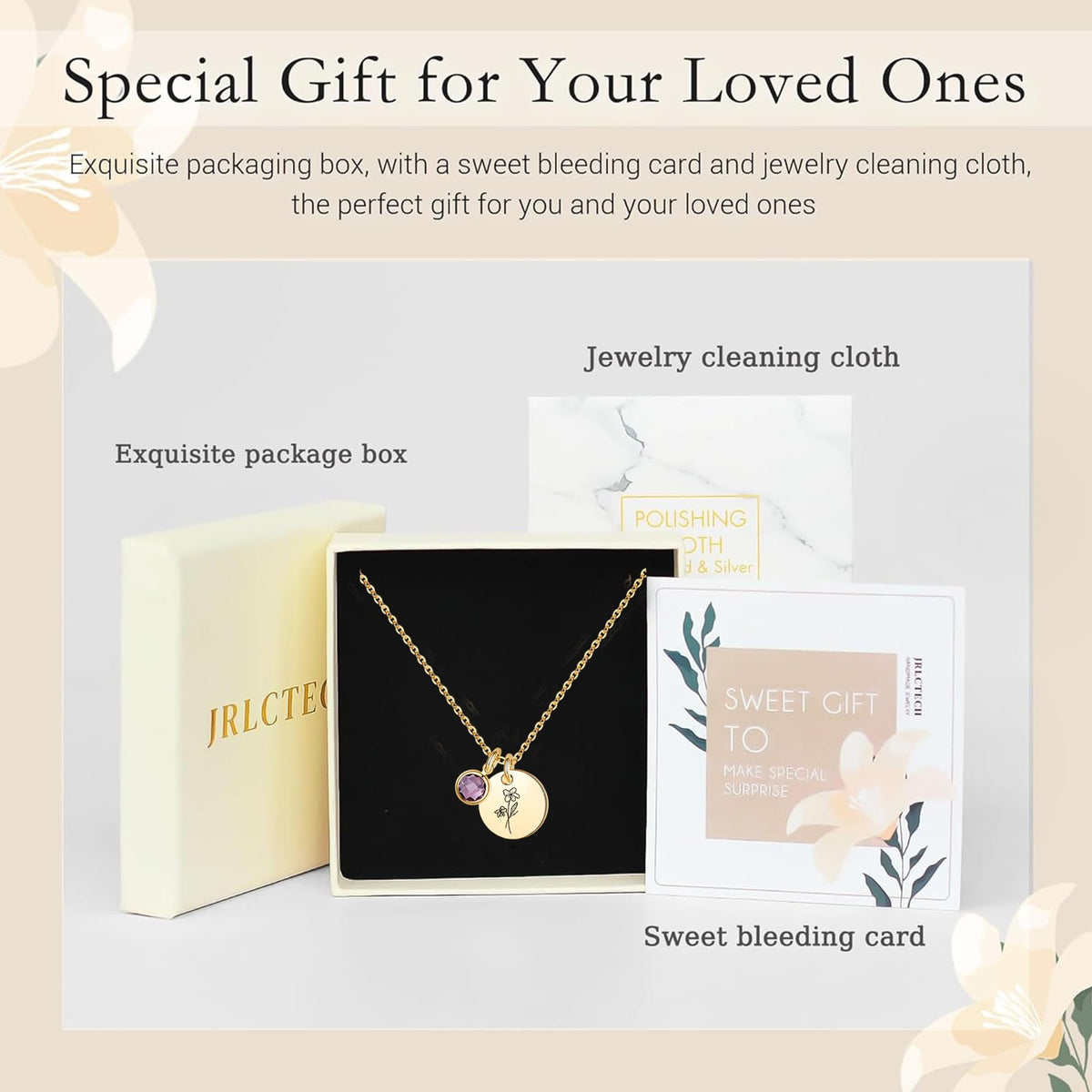 Birth Flower Necklaces for Women, 18K Gold Plated Birthstone Necklaces