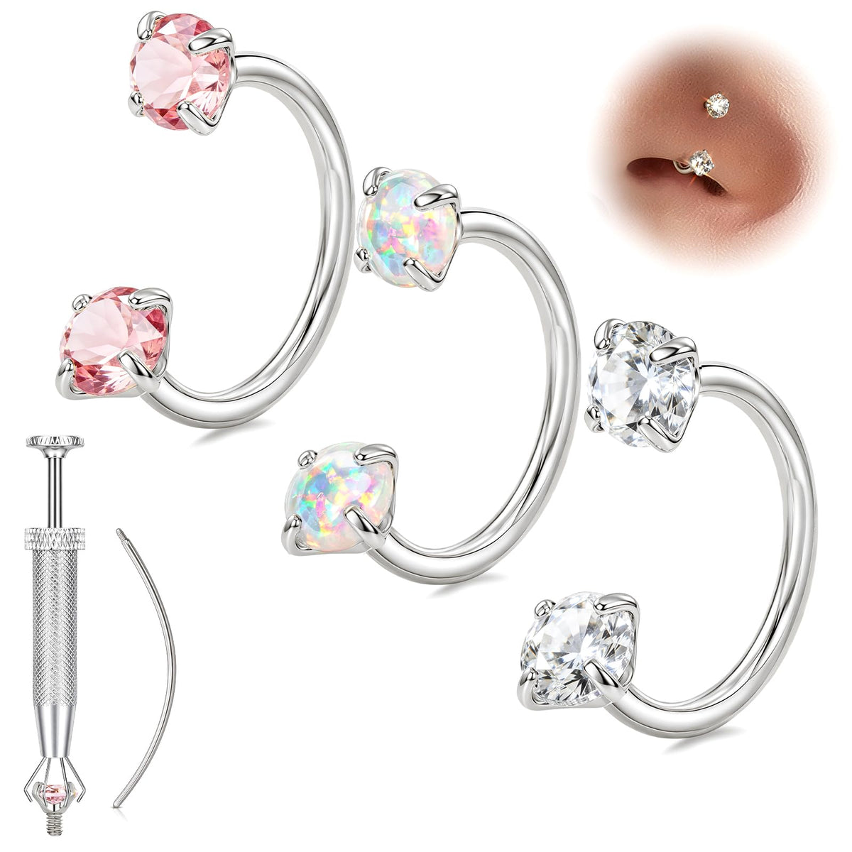 Horseshoe Nose Ring 20g 18g Gold Silver Opal CZ Double Gem Nose Rings Studs for Women Men 7mm 8mm Hypoallergenic Hoop Earrings Cartilage Helix Tragus Nostril Septum Daith Piercing Jewelry