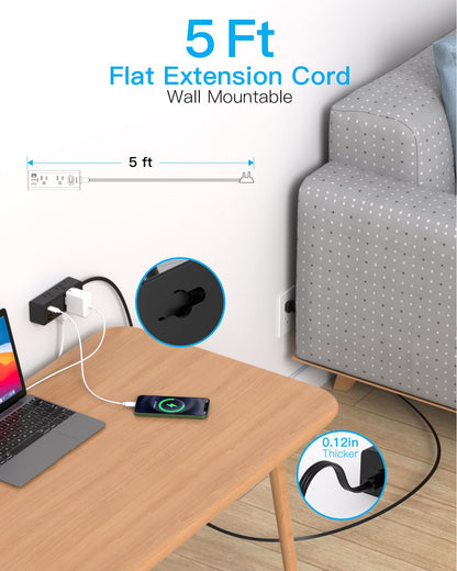 One Beat 5Ft Extension Cord with Multiple Outlets,Flat Plug Power Strip