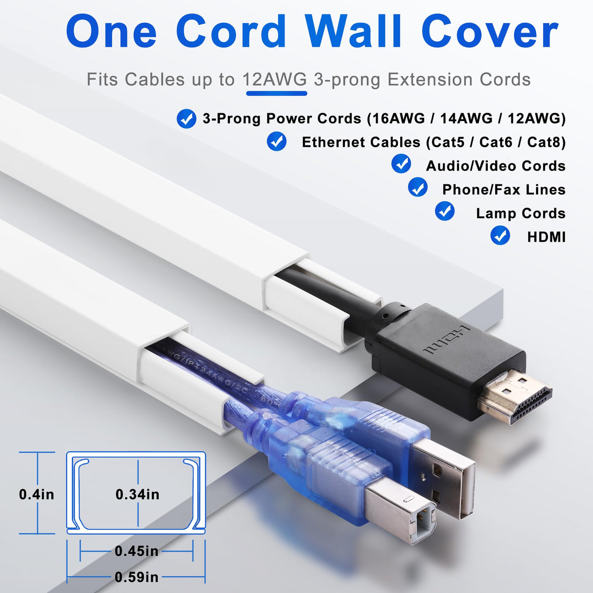 ZhiYo 85" Cord Cover for 1 Wire, Mini White Cord Hider Wall, 0.5"W x 0.3"H