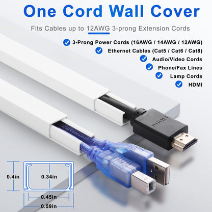 ZhiYo 85" Cord Cover for 1 Wire, Mini White Cord Hider Wall, 0.5"W x 0.3"H